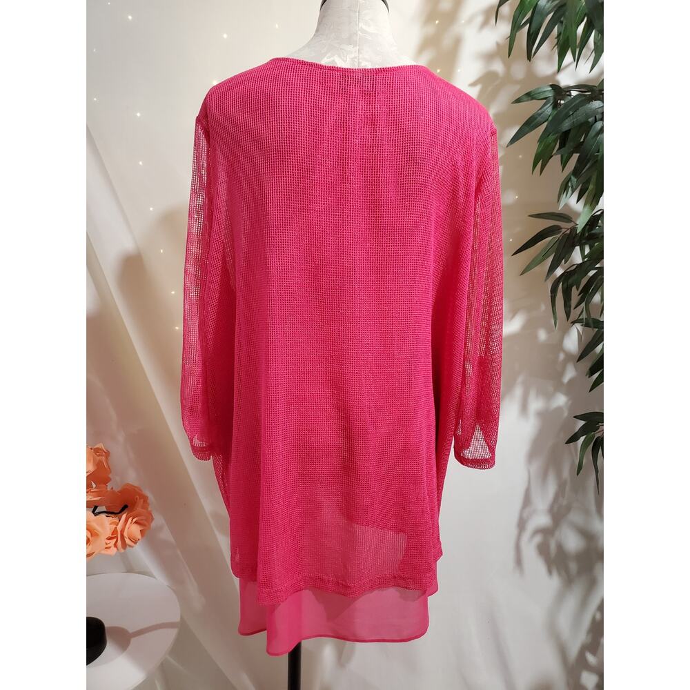 Joseph Ribkoff 1/4 Zip Mesh Overlay Top Plus Size 22 Hot Pink Roll Tab Sleeve - Picture 3 of 9